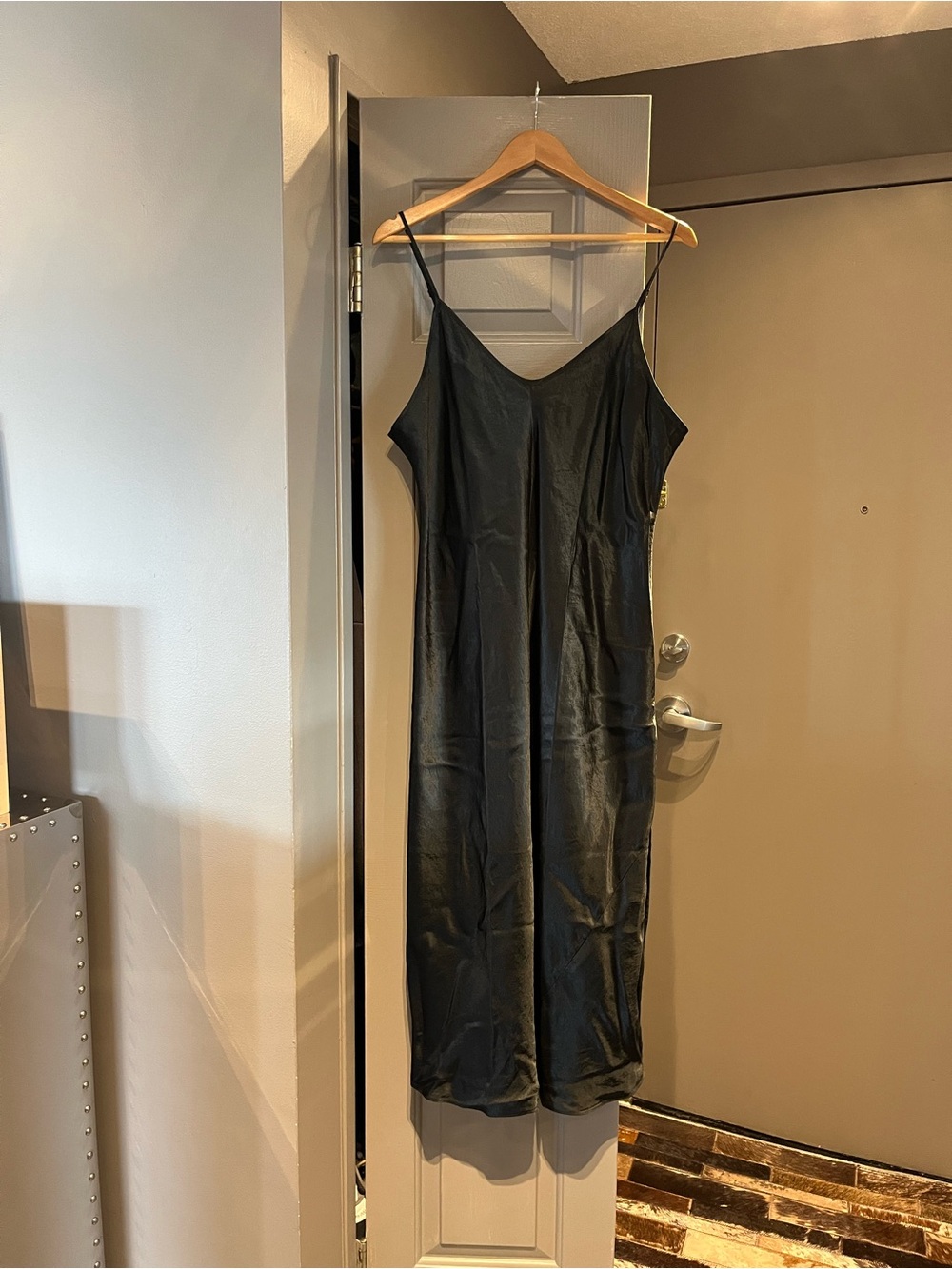 Sleek Black Satin Midi Slip Dress with Adjustable Spaghetti Straps
